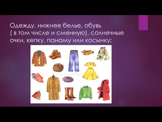 Одежду, нижнее белье, обувь ( в том числе и сменную), солнечные очки, кепку, панаму или косынку;