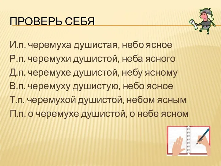 ПРОВЕРЬ СЕБЯ И.п. черемуха душистая, небо ясное Р.п. черемухи душистой, неба ясного