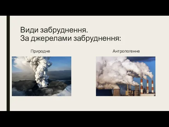 Види забруднення. За джерелами забруднення: Природне Антропогенне