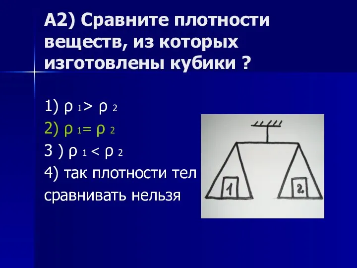 А2) Сравните плотности веществ, из которых изготовлены кубики ? 1) ρ 1>