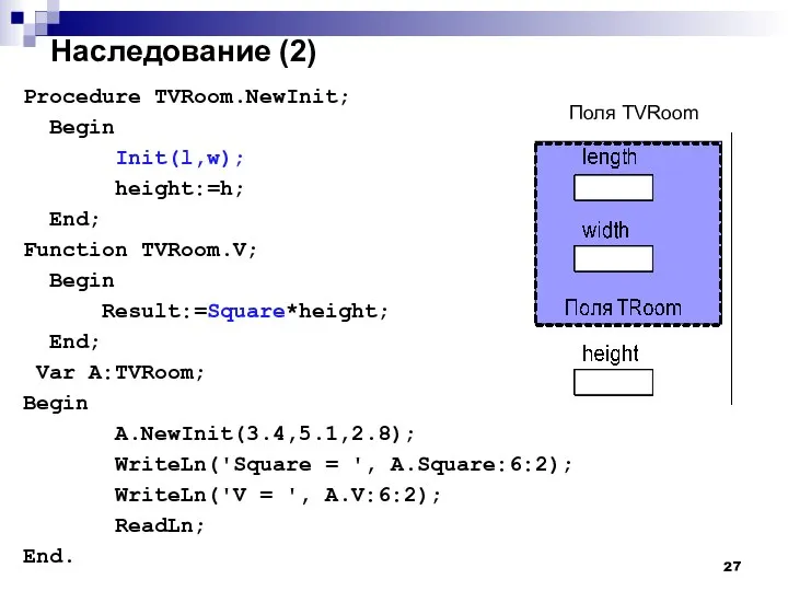 Наследование (2) Procedure TVRoom.NewInit; Begin Init(l,w); height:=h; End; Function TVRoom.V; Begin Result:=Square*height;