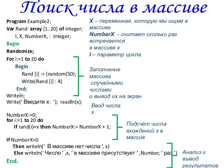 Program Example2; Var Rand: array [1..20] of integer; I, X, NumberX, :