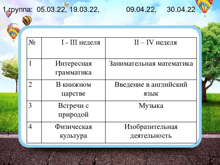 1 группа: 05.03.22, 19.03.22, 09.04.22, 30.04.22