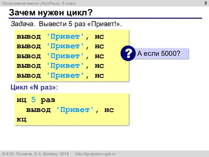 Зачем нужен цикл? Задача. Вывести 5 раз «Привет!». вывод 'Привет', нс вывод