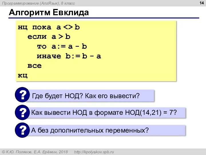 Алгоритм Евклида нц пока a b если a > b то a:=