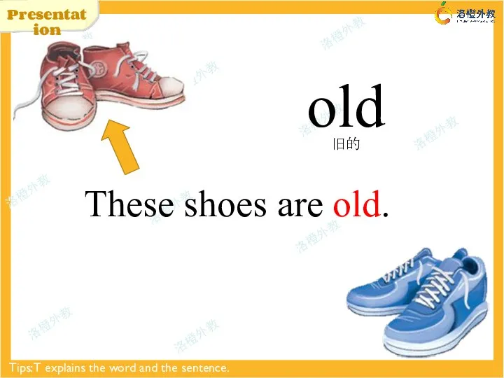Presentation old Tips: T explains the word and the sentence. These shoes are old. 旧的