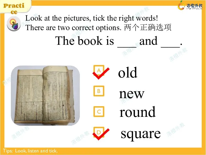 Practice round square old new Tips: Look, listen and tick. The book