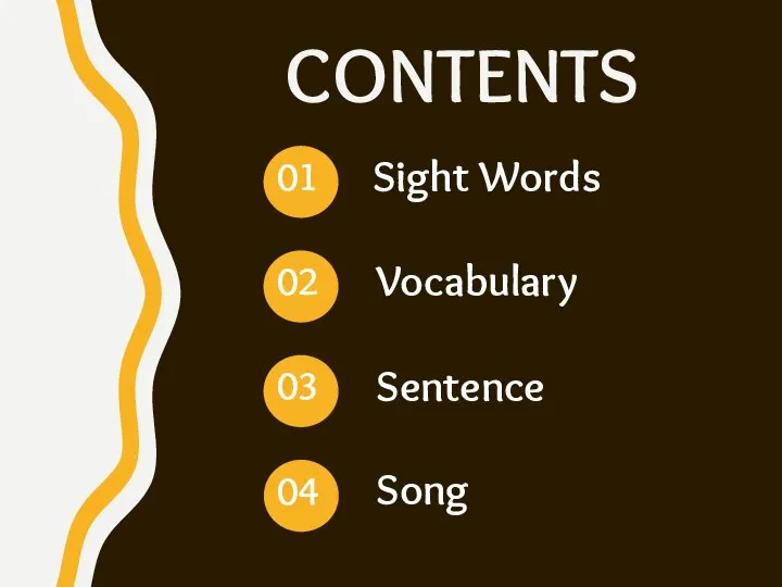 CONTENTS Sentence Vocabulary Song Sight Words