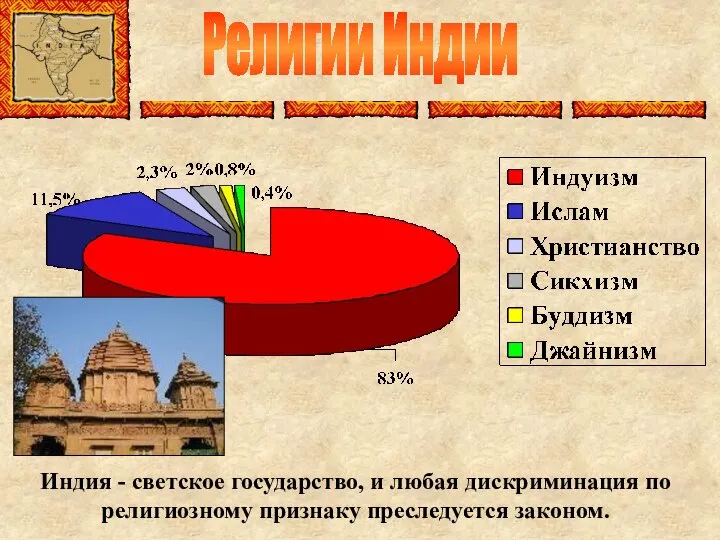 Религии Индии Индия - светское государство, и любая дискриминация по религиозному признаку преследуется законом.