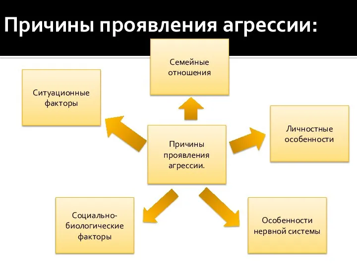 Причины проявления агрессии: Причины проявления агрессии. Личностные особенности Семейные отношения Ситуационные факторы