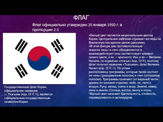 ФЛАГ Государственный флаг Кореи, официальное название — Тхэгыкки (кор. 태극기), является официальным