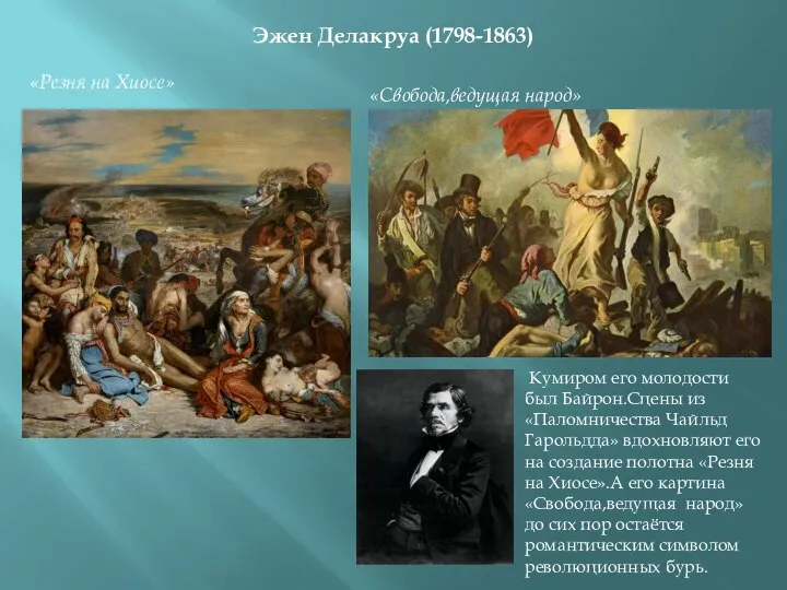 шщ Эжен Делакруа (1798-1863) «Резня на Хиосе» «Свобода,ведущая народ» Кумиром его молодости