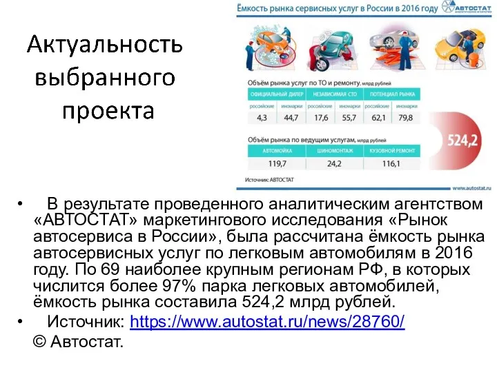 В результате проведенного аналитическим агентством «АВТОСТАТ» маркетингового исследования «Рынок автосервиса в России»,