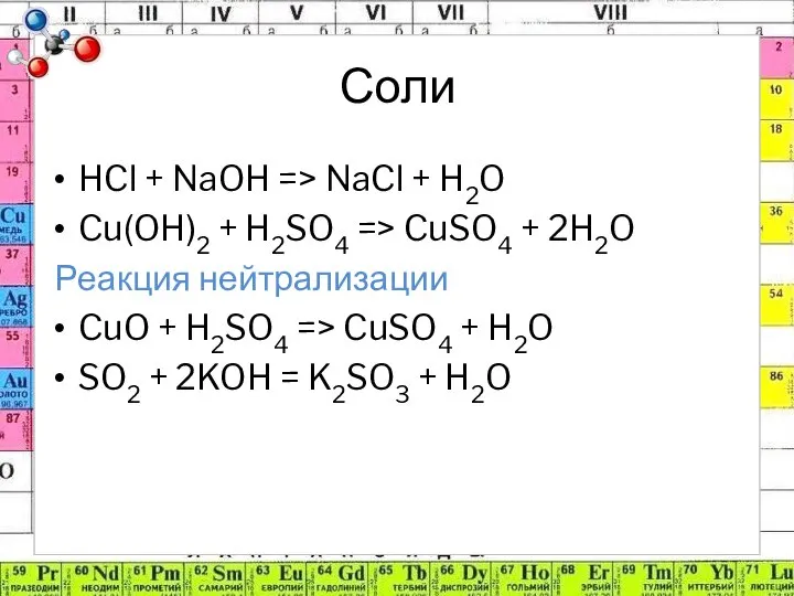 Соли HCl + NaOH => NaCl + H2O Cu(OH)2 + H2SO4 =>