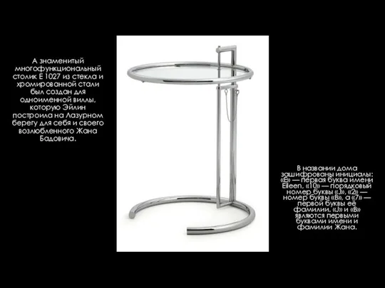 А знаменитый многофункциональный столик E 1027 из стекла и хромированной стали был