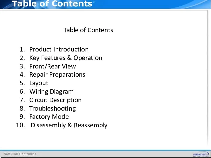 Table of Contents Product Introduction Key Features & Operation Front/Rear View Repair