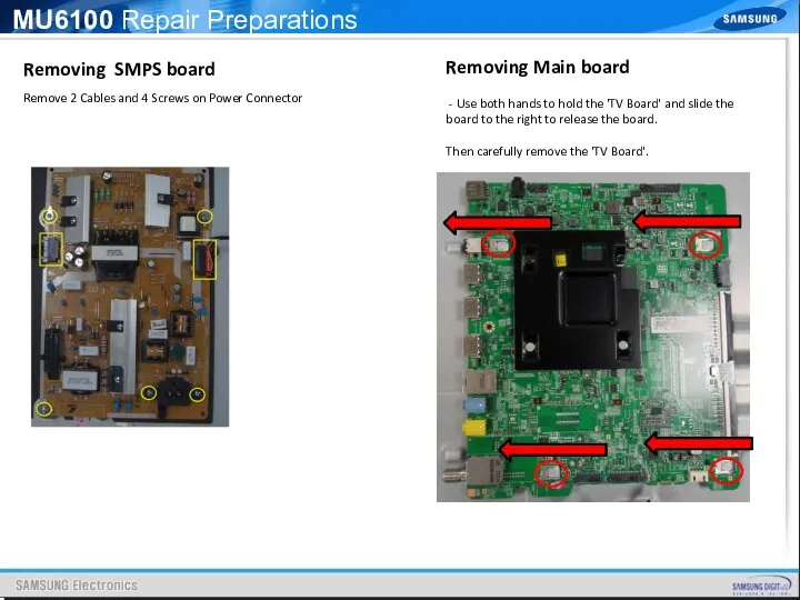 MU6100 Repair Preparations Removing SMPS board Removing Main board - Use both