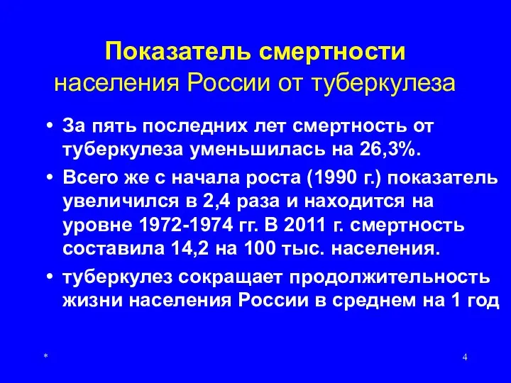 Показатель смертности населения России от туберкулеза За пять последних лет смертность от