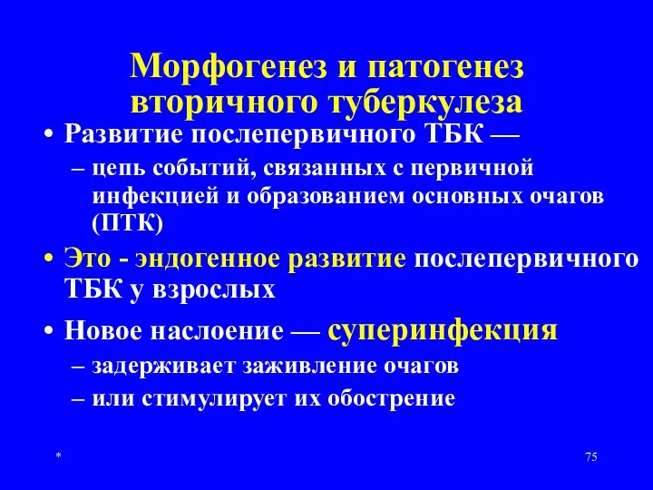 * Морфогенез и патогенез вторичного туберкулеза Развитие послепервичного ТБК — цепь событий,