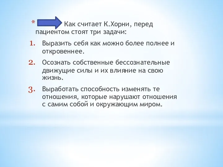 Как считает К.Хорни, перед пациентом стоят три задачи: Выразить себя как можно