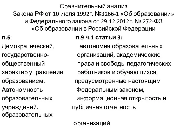 Сравнительный анализ Закона РФ от 10 июля 1992г. №3266-1 «Об образовании» и