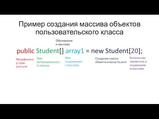 Пример создания массива объектов пользовательского класса public Student[] array1 = new Student[20];