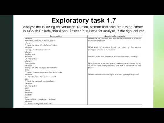 Exploratory task 1.7 Analyze the following conversation: (A man, woman and child