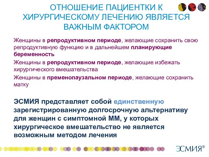 ОТНОШЕНИЕ ПАЦИЕНТКИ К ХИРУРГИЧЕСКОМУ ЛЕЧЕНИЮ ЯВЛЯЕТСЯ ВАЖНЫМ ФАКТОРОМ Женщины в репродуктивном периоде,