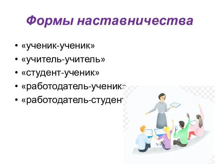 Формы наставничества «ученик-ученик» «учитель-учитель» «студент-ученик» «работодатель-ученик» «работодатель-студент»