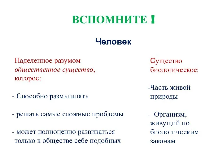 ВСПОМНИТЕ ! Человек Наделенное разумом общественное существо, которое: Способно размышлять решать самые