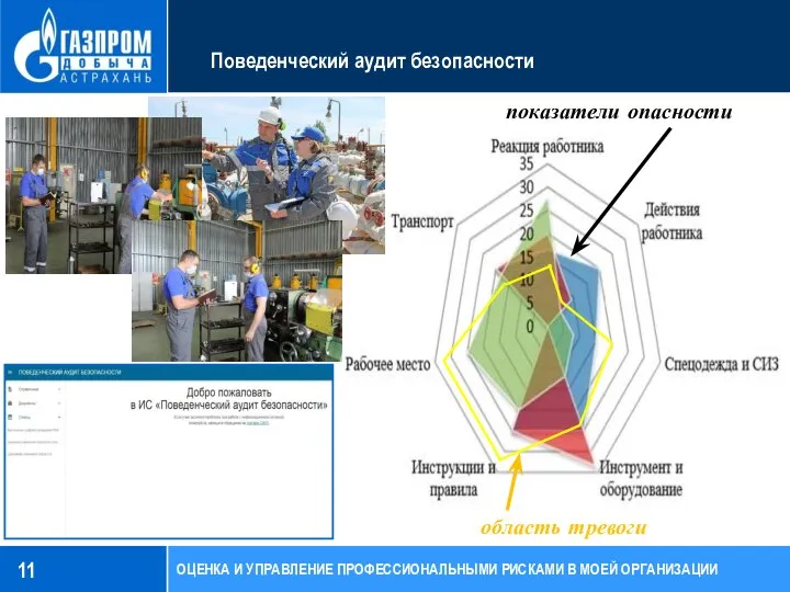 Поведенческий аудит безопасности ОЦЕНКА И УПРАВЛЕНИЕ ПРОФЕССИОНАЛЬНЫМИ РИСКАМИ В МОЕЙ ОРГАНИЗАЦИИ область тревоги показатели опасности 11