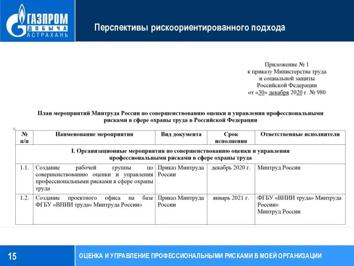 Перспективы рискоориентированного подхода ОЦЕНКА И УПРАВЛЕНИЕ ПРОФЕССИОНАЛЬНЫМИ РИСКАМИ В МОЕЙ ОРГАНИЗАЦИИ 15