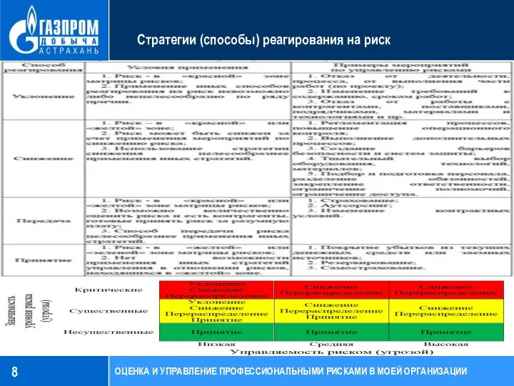 Стратегии (способы) реагирования на риск ОЦЕНКА И УПРАВЛЕНИЕ ПРОФЕССИОНАЛЬНЫМИ РИСКАМИ В МОЕЙ ОРГАНИЗАЦИИ 8