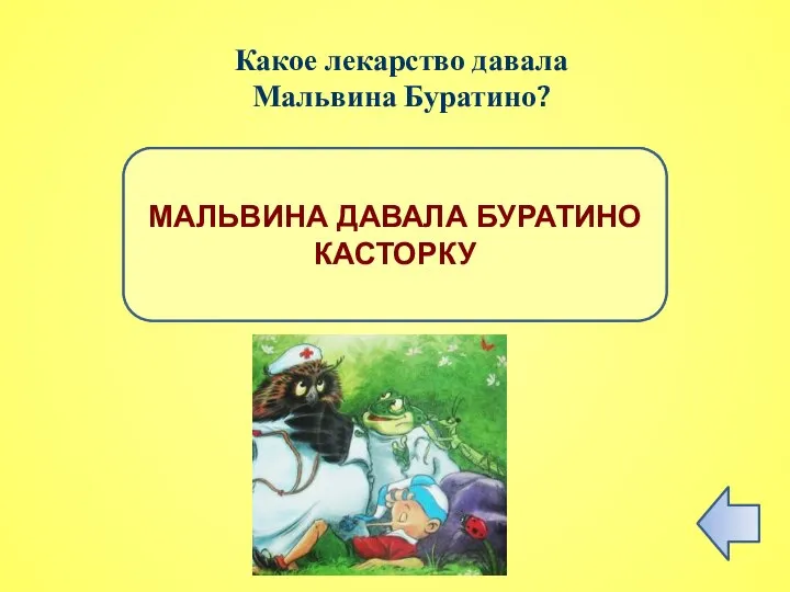 ПРАВИЛЬНЫЙ ОТВЕТ МАЛЬВИНА ДАВАЛА БУРАТИНО КАСТОРКУ Какое лекарство давала Мальвина Буратино?