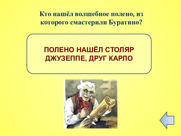 ПРАВИЛЬНЫЙ ОТВЕТ ПОЛЕНО НАШЁЛ СТОЛЯР ДЖУЗЕППЕ, ДРУГ КАРЛО Кто нашёл волшебное полено, из которого смастерили Буратино?