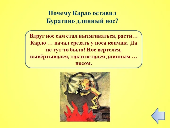 ПРАВИЛЬНЫЙ ОТВЕТ Вдруг нос сам стал вытягиваться, расти… Карло … начал срезать