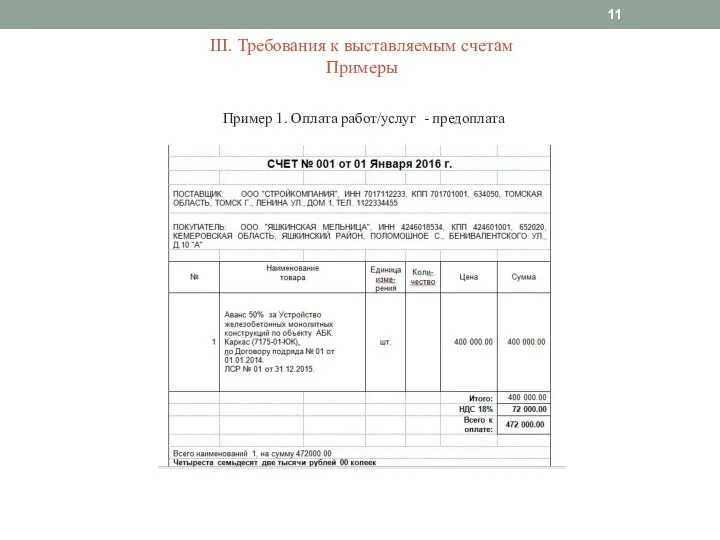 III. Требования к выставляемым счетам Примеры Пример 1. Оплата работ/услуг - предоплата