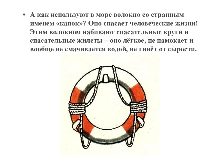 А как используют в море волокно со странным именем «капок»? Оно спасает