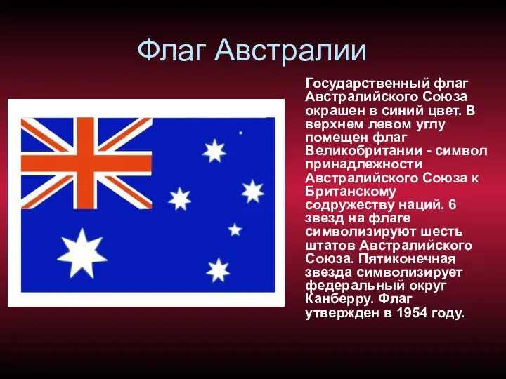 Флаг Австралии Государственный флаг Австралийского Союза окрашен в синий цвет. В верхнем