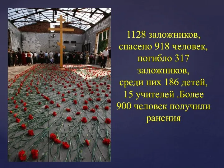 1128 заложников, спасено 918 человек, погибло 317 заложников, среди них 186 детей,