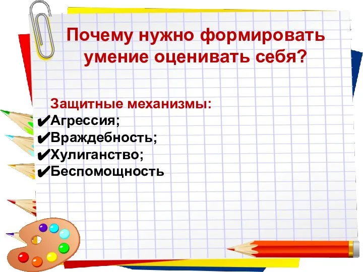 Заголовок слайда Почему нужно формировать умение оценивать себя? Защитные механизмы: Агрессия; Враждебность; Хулиганство; Беспомощность