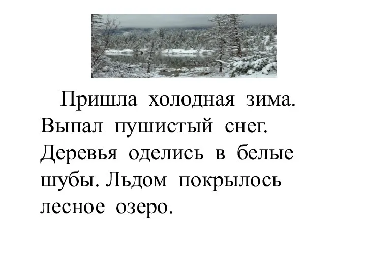 Пришла холодная зима. Выпал пушистый снег. Деревья оделись в белые шубы. Льдом покрылось лесное озеро.