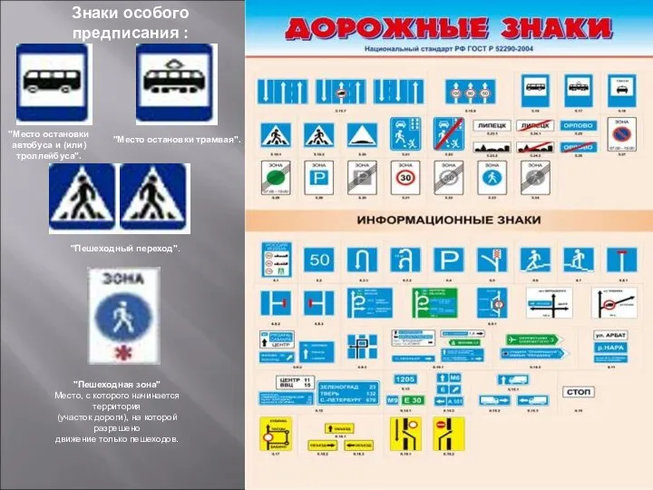 Знаки особого предписания : "Место остановки автобуса и (или) троллейбуса". "Место остановки