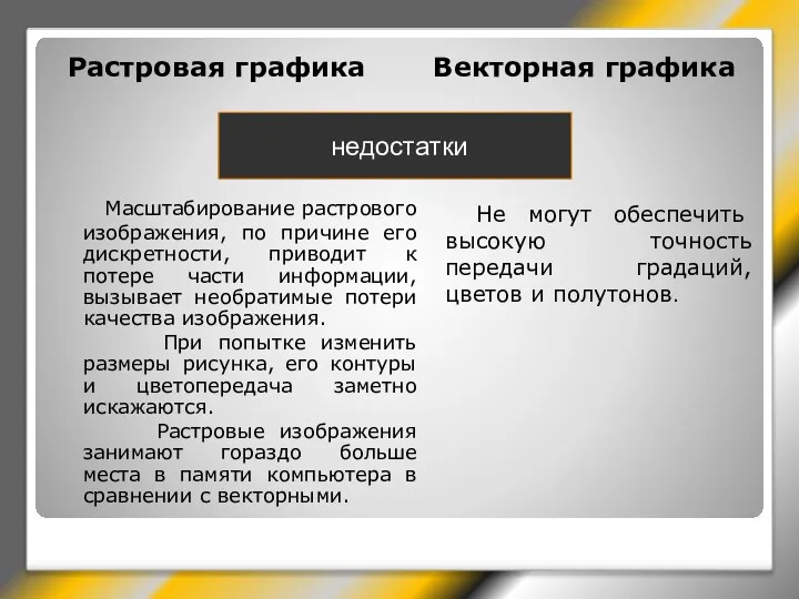 Растровая графика Векторная графика Масштабирование растрового изображения, по причине его дискретности, приводит