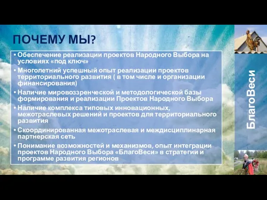 ПОЧЕМУ МЫ? Обеспечение реализации проектов Народного Выбора на условиях «под ключ» Многолетний