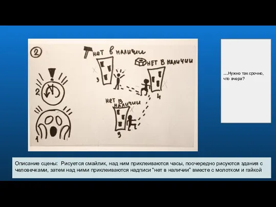 Описание сцены: Рисуется смайлик, над ним приклеиваются часы, поочередно рисуются здания с