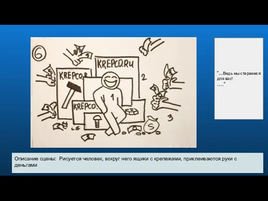 Описание сцены: Рисуется человек, вокруг него ящики с крепежами, приклеиваются руки с