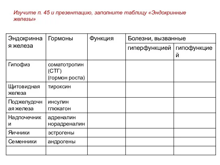 Изучите п. 45 и презентацию, заполните таблицу «Эндокринные железы»