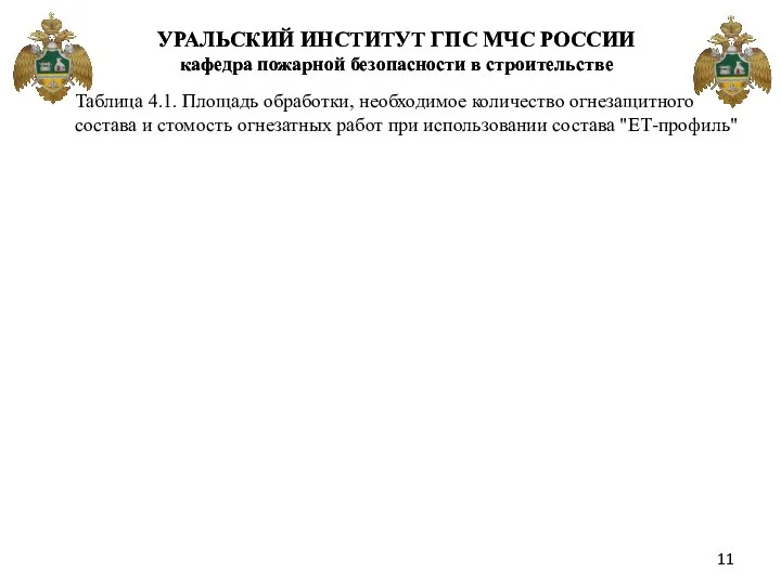 Таблица 4.1. Площадь обработки, необходимое количество огнезащитного состава и стомость огнезатных работ при использовании состава "ЕТ-профиль"