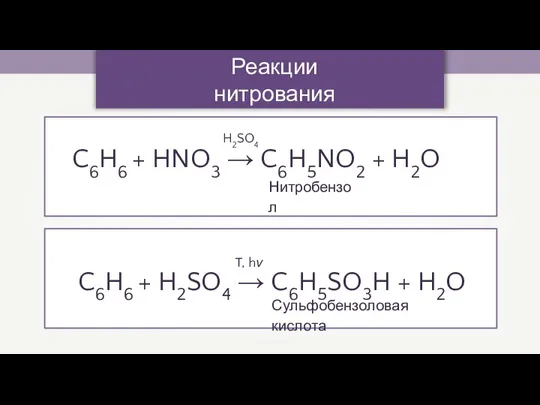 Реакции нитрования и сульфирования C6H6 + HNO3 → C6H5NO2 + H2O H2SO4